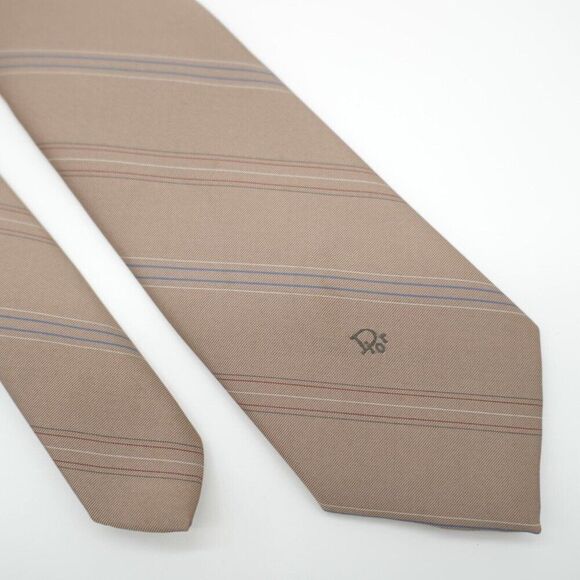 Christian Dior Brown Blue Striped Print Polyester‎ Silk Tie Short Skinny - Picture 1 of 7